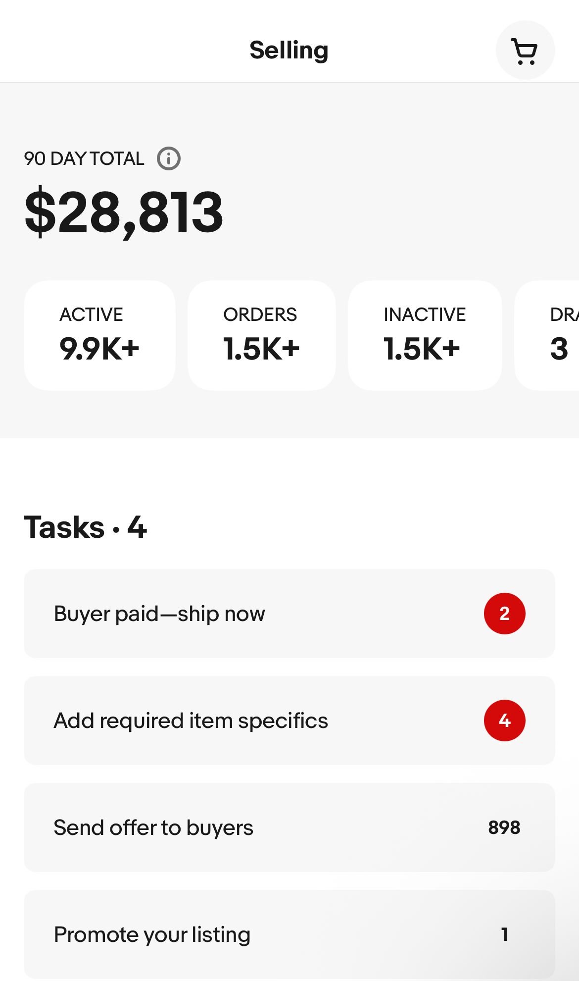 eBay app showing a $28,813 90-day sales total